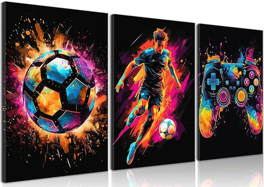 Canvas Wall Art Poster Decor, Paintings Art Game Controller Color Splash Ink Canvas Painting, Posters for Room Aesthetic, Soccer Wall Art for Boys Room Decor 12x16 - Unframed Set of 3