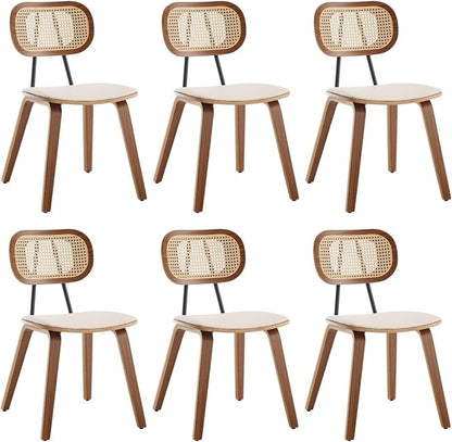 HEAH-YO Modern Dining Chairs Set of 6, Upholstered Faux Leather Dining Room Chairs with Rattan Backrest and Wood Legs, Armless Kitchen Chairs for Dining Room, Beige