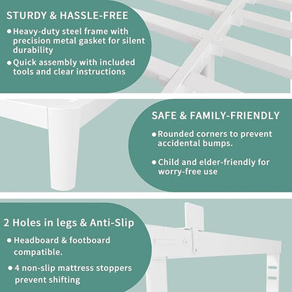 ITIMIDI 10 Inch White Bed Frame Queen, Queen Size Metal Platform Bed Frames with Metal Gaskets, Heavy Duty Steel Support 3000 LBS, No Box Spring Needed, Anti-Slip Mattress Stopper, Easy Assembly