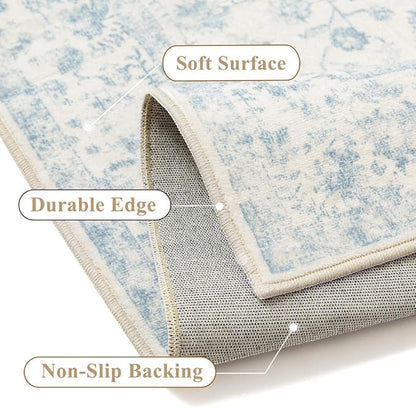 5x7 Blue Area Rug Non Slip Vintage Living Room Distressed Machine Washable Carpet Traditional Indoor Bedroom Blue Retro Floral Accent Throw Rug for Office Kitchen Dorm Dining Room