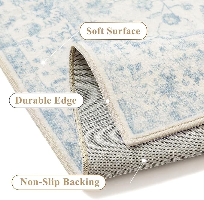 3ft Blue Round Area Rug Entryway Door Mat Small Circle 3x3 Kitchen Vintage Carpet Non Slip Indoor Bedroom Washable Distressed Floral Retro Accent Throw Rug Office Bathroom