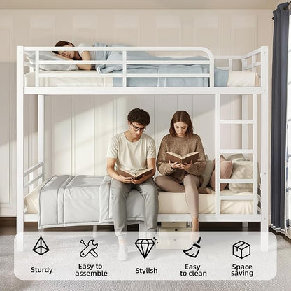 Full Over Full Bunk Bed Frame, Heavy Duty Metal Loft Bed for Adults/Teens, 350/500LB Capacity w/Ladder & Guardrail, Noise-Free Steel Slats, No Box Spring Required, White