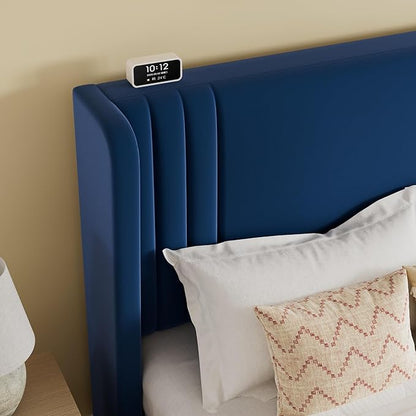 SHA CERLIN King Size Velvet Upholstered Platform Bed Frame with Vertical Channel Tufted Wingback Headboard, Wooden Slats Support, Easy Assembly, Under Bed Storage, No Box Spring Required, Blue