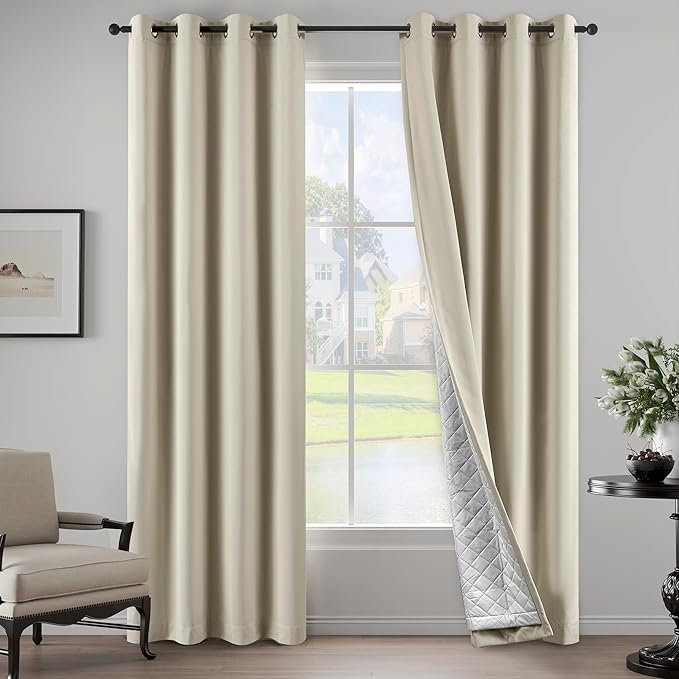 3-in-1 Layers Heavy Duty Noise Canceling Curtains for Bedroom Grommet Full Blackout Window Drapes Thermal Insulation Curtains for Living Room (1 Panel, Beige, 50" x 84")