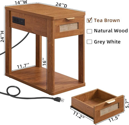 LEYAOYAO Narrow Side Table Set 2 with Charging Station, 24x14''Rattan Night Stand with Drawer Storage,Bedside End Table with Metel Handle for Small Spaces, Wood Boho Nightstand for Living Room Bedroom
