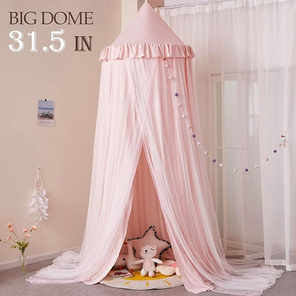 Kertnic 31.5inch Large Dome Bed Canopy for Girls, Double Layer Dreamy Ruffle Princess Canopy, Bedroom Hanging Tent Kids Reading Nook Canopies,Full Queen Bed Canopy Curtain (Beige Pink)