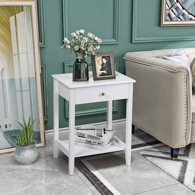 Giantex Nightstand Wooden 2-Tier Couch Sofa Side Table with Drawer, Storage Shelf, Solid Wood Legs,Mufti-Functional Home Furniture for Living Room Bedroom Study Room End Table (1, White)