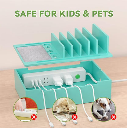 Pezin & Hulin Bamboo Charging Station, Electronic Devices Organizer for Multiple Devices Charger Such As Cell Phone, Tablet, Watch and More, Teal, (No USB Charger and Cables