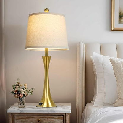 27.5" Gold Lamps for Living Room, Touch Control 3-Way Dimmable Bedside Nightstand Lamps Bedroom Lamp,Modern Gold Table Lamp with USB A+C Ports,Tall Lamps for Living Room End Table（1Pack）