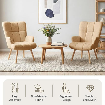 Joysoul Modern Accent Chair, High Back Arm Chair with Wood Legs Sofa Seat Teddy Fleece Fabric Reading Chair for Living Room Bedroom Waiting Room (Brown)