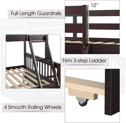 KOMFOTT Wood Twin Over Full Bunk Bed with Trundle, Bed Frame with Solid Pine Wood Frame, Space-Saving Bunk Bed with Ladder & Safety Guardrails, No Box Spring Needed
