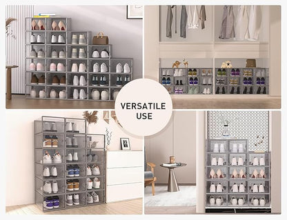 Kuject X-Large Shoe Storage Boxes Organizers Clear Plastic Stackable 12 Pack, Shoe Rack & Holder Substitute, Sneaker Containers, Toy Storage Organizer Bins for Entryway, Closet, Under Bed, Grey