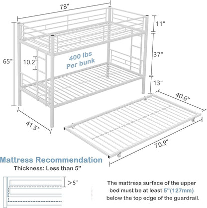 VECELO Bunk Bed Twin Over Twin with Trundle, Metal Bunkbeds with Ladder and Full-Length Guardrail, No Box Spring Needed, Space Saving, Noise Free, White