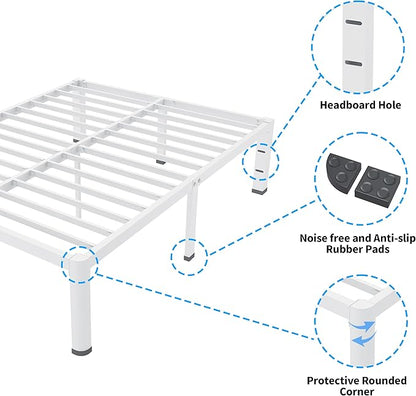 ROIL 12 Inch White King Bed Frame with Rounded Corner and Headboard Hole Mattress Retainers, 3500LBS Heavy Duty Steel Slats No Box Spring Needed Platform Noise-Free Easy Assembly