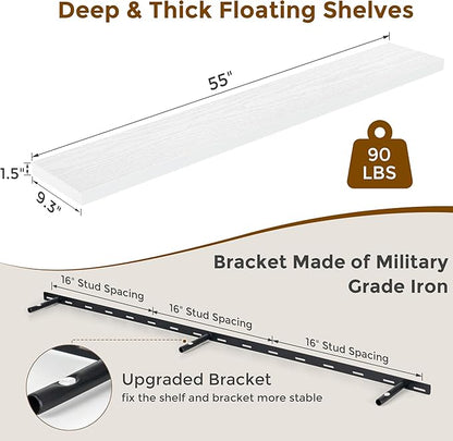 Fun Memories 55 Inch Floating Shelves for Wall, 55x9.3 Large Floating Shelf for Bedroom, Kitchen, Bathroom, Wall Mounted Rustic Wood Shelves with Invisible Bracket for Books, Decor, White