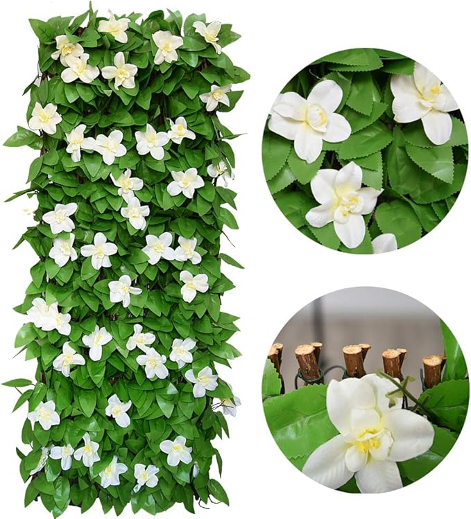 GLANT Expandable Fence Privacy Screen for Balcony Patio Outdoor,Decorative Faux Ivy Fencing Panel,Artificial Hedges (Single Sided Leaves) (4, Green-Flowers)