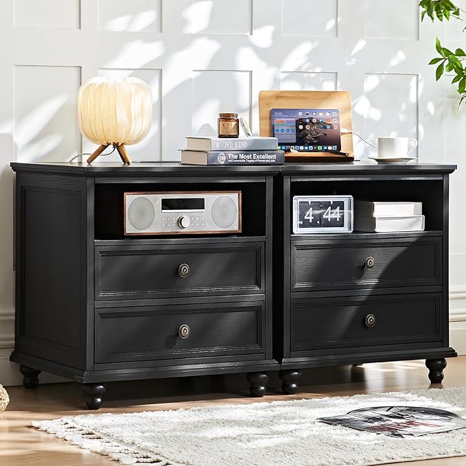24" Wide Farmhouse Nightstand Set of 2 with Charging Station,End Table with 2 Drawers,Black Wood Dresser for Bedroom Cabinet, Bed Side Table Chest of Drawers, Night Stand for Living Room