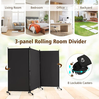 GOFLAME 3 Panel Folding Room Divider, 6FT Rolling Privacy Screen with Lockable Wheels, Portable Room Partition Screen, Freestanding Wall Divider and Separator for Home Office, Grey