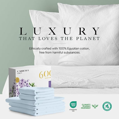 Carressa Linen Split King Sheets Sets for Adjustable Bed - 100% Egyptian Cotton 600 Thread Count 5 PC Top Split King Sheet Set (Light Blue), 16" Deep Pocket Silky Soft Cooling Luxury Hotel Sheets