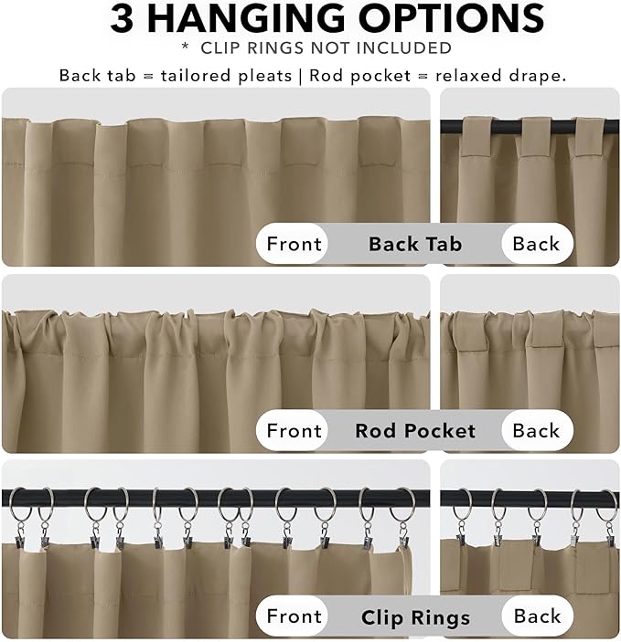 Deconovo Blackout Curtains, Thermal Insulated, W70 x L108 2 Panels, Back Tab, Machine Washable, Room-Darkening Drapes for Bedroom/Living Room Khaki