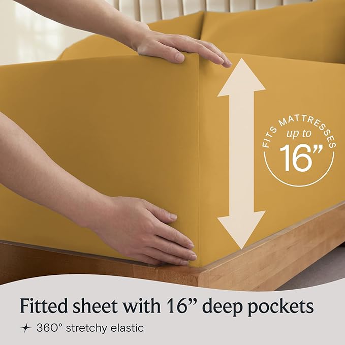 LuxClub 4 PC Full Sheet Set, Deep Pockets Wrinkle Free Cooling Bed Sheets Hotel Bedding for Women, Men, Kids & Teens, Includes 1 Fitted Sheet, 1 Flat Sheet and 2 Pillowcases-Soft Medallion Gold