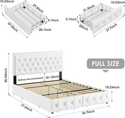 Keyluv Full Upholstered LED Bed Frame with 4 Drawers, Pu Leather Platform Storage Bed with Adjustable Button Tufted Headboard and Solid Wooden Slats Support, No Box Spring Needed, White