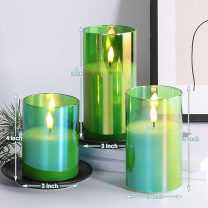 Eywamage Green Glass Flameless Pillar Candles with Remote, Flickering Christmas Battery LED Candles Holiday Decor Set of 3