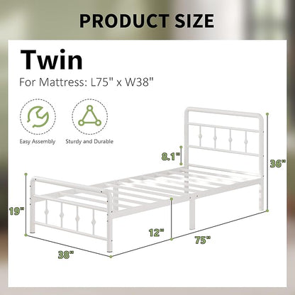 12 Inch Twin Bed Frames with Headboard and Footboard, Heavy Duty Twin Metal Mattress Foundation No Box Spring Needed, Noise Free, Easy Assembly, White