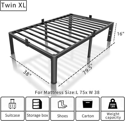 ROIL 16 Inch Twin XL Bed Frame with Rounded Corner and Headboard Hole Mattress Retainers 3500LBS Metal Heavy Duty Steel Slats No Box Spring Needed Platform Noise-Free Easy Assembly