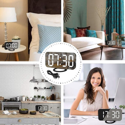Digital Clock Large Display, LED Alarm Electric Clocks Mirror Surface for Makeup with Diming Mode, 3 Levels Brightness, Dual USB Ports Modern Decoration for Home Bedroom Decor-Black