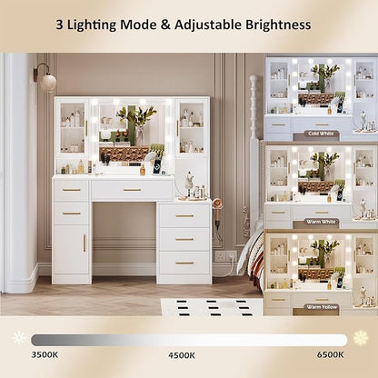 51" Vanity Desk with Mirror and Lights & Charging Station, Bedroom Dressing Table, Large Vanity Set, 6 Drawers and 2 Cabinets, Makeup Vanity Table with Charging Station, Without Stool