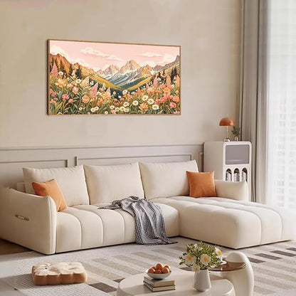 LHIUEM Large Abstract Colorful Mountain Framed Canvas Wall Art,Boho Pink Flower Wall Decor, Nature Wildflower Wall Painting,Bohemian Artwork for Living Room,Bedroom,Dining Room,Office -20"x40"x1