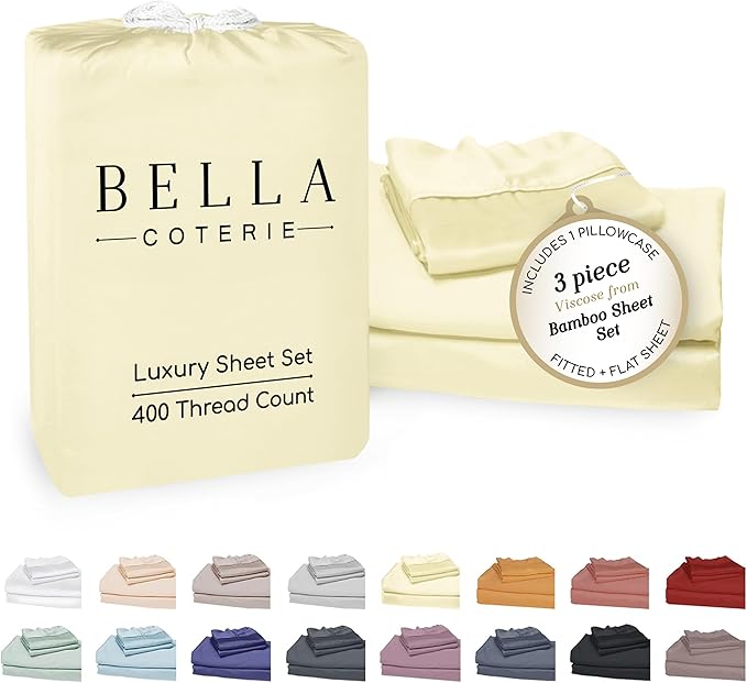 Bella Coterie Luxury Bamboo Viscose Twin Size Sheet Set | 100% Organically Grown | Ultra Soft | Cooling for Hot Sleepers | 18" Deep Pocket [Lemonade]