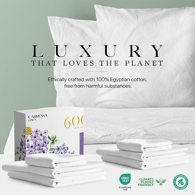 Carressa Linen California King Egyptian Cotton Sheet Sets - 600 Thread Count Cal King Cotton Sheet Set (4 PC, Crisp White), Extra Soft, Cooling, 16" Deep Pocket Sateen Weave Luxury Hotel Bed Sheets