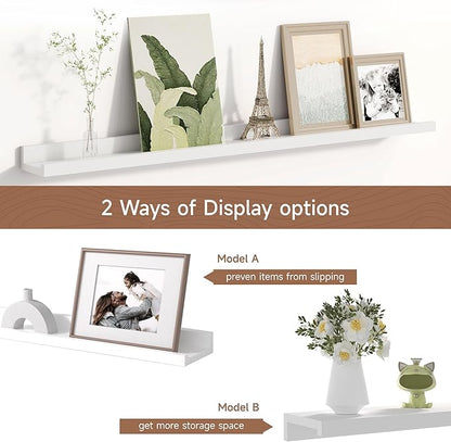 Fun Memories Picture Ledge Shelf for Wall, Floating Shelves Set of 4, 36 Inch Long Nursery Book Shelves for Toys Storage, Kids Bookshelf Wall Mounted for Books Photo Frames, White