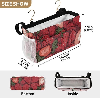 Bedside Caddy Hanging Bunk Bed Caddy Bed Organizer Hanging Pocket with 2 Hooks Bedside Storage Organizer Pocket Bag Holder Cartoon Red Strawberry