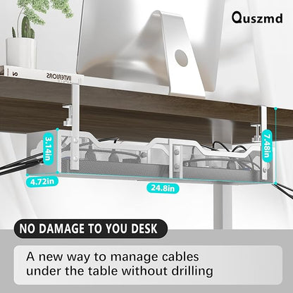 Under Desk Cable Management Tray 24.8", Quszmd Cable Organizer No Drill, Standing Cord Organizer and Wire Management Tray - No Damage to Desk, White