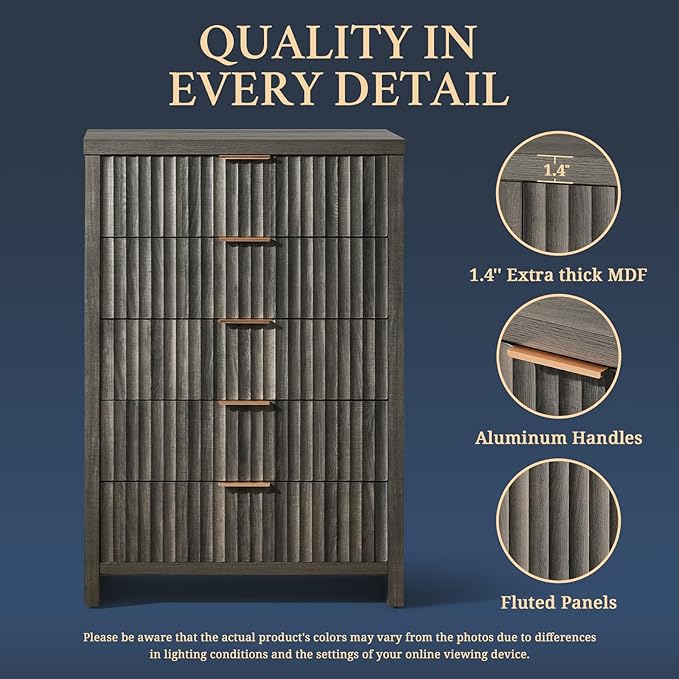 5 Drawers Dresser for Bedroom, 44 Inches Tall Modern Bedroom Dressers, Chest of Drawers for Bedroom, Fluted Dresser for Closet Organizer for Living Room, Hallway, Entryway (Midnight Oak, 2 Pieces)