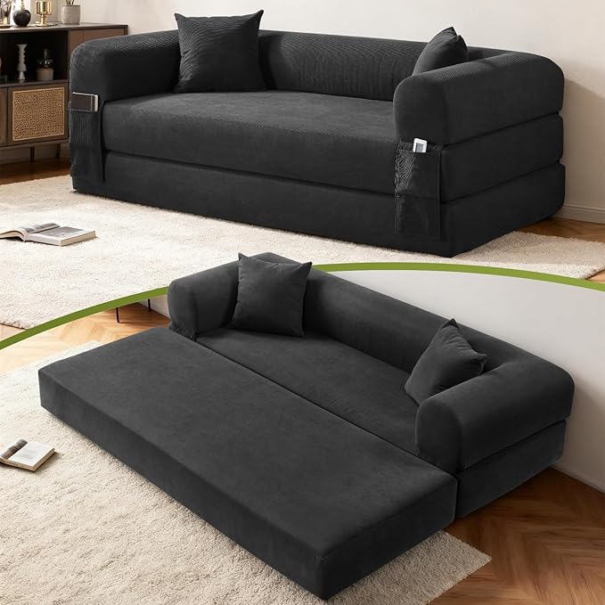 Convertible Sofa Bed,80" Folding Sleeper Sofa Bed Queen with Pillows & Storage,Corduroy Pull Out Couch Boneless Couches for Living Room,Compressed Couch in a Box,Deep Gray