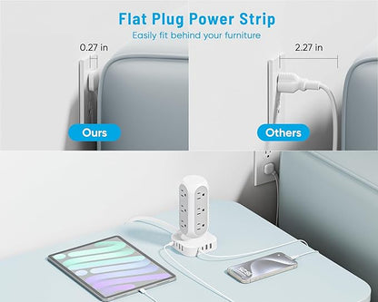 65W Fast Charging Station, Flat Plug Power Strip Tower with 12 AC Outlets & 8 USB Ports (2 PD USB-C Ports), 10FT Extension Cord, Compatible for MacBook Pro, iPhone Series.