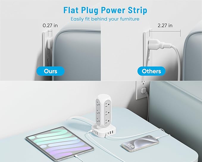 Tower Surge Protector Power Strip, 10FT Extension Cord with Multiple Outlets, Flat Plug Outlet Extender with 12 AC Outlets & 8 USB Ports, 24W Total Charging Station for Home Office Dorm Room