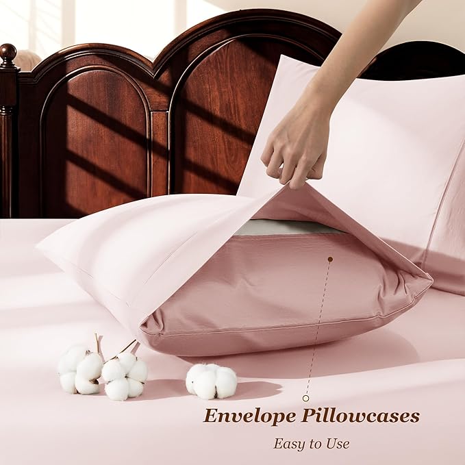 LBRO2M 1000 Thread Count 100% Egyptian Cotton Sheets Set Queen Size, 4 Piece Sets Bed Sheet Deep Pocket Sheet Set 16" Soft Comfortable All Season (Queen, Pink)