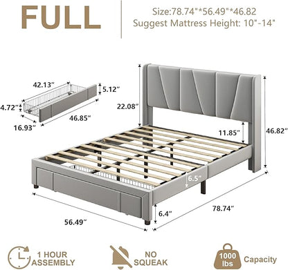 Full Bed Frame with Storage Drawers, Upholstered Full Size Platform Bed with 47" Tall Headboard and Wingboard, No Box Spring Needed, Noise Free, Easy Assembly, Wooden Support Slats, Light Grey