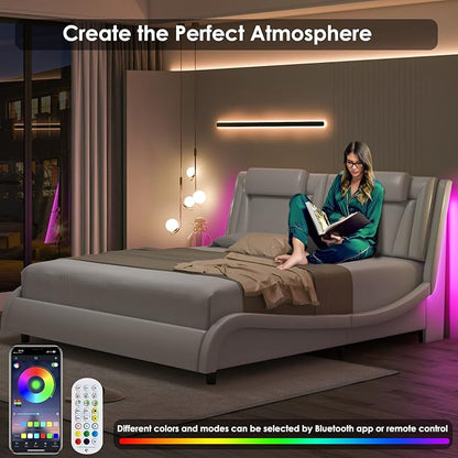 Keyluv Modern Upholstered King Bed Frame with Adjustable LED Headboard, Wave-Like Curve Design, Solid Wooden Slats Support, No Box Spring Needed, Noise Free, White