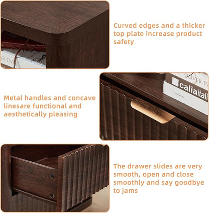 LEYAOYAO Fluted Nightstand with Charging Station, 23" Wide 2 Drawers Night Stand,Walnut End Table with Open Storage,Farmhouse Bed Side Tables, Wood Dresser for Bedroom, Living Room, Closet