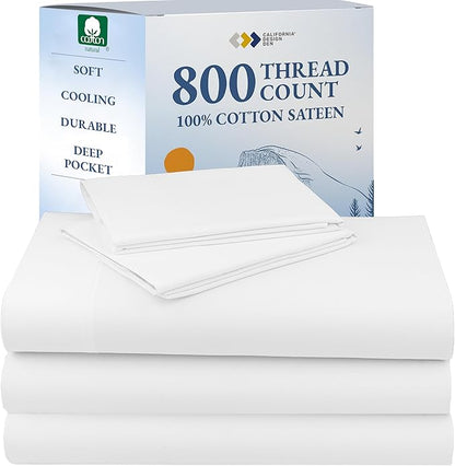 California Design Den Split King Sheets Sets for Adjustable Bed - Buttery Soft 800 Thread Count, 100% Cotton Sateen, Durable Bedding Set - White