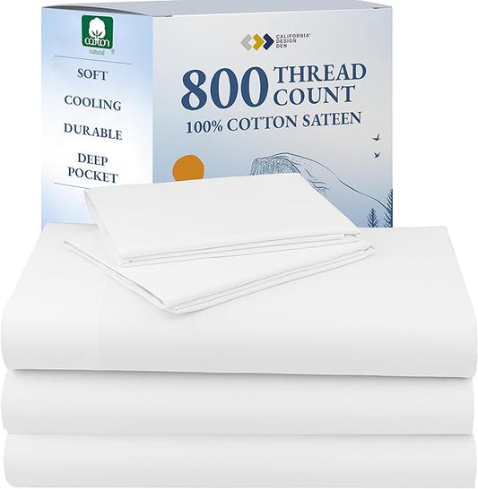 California Design Den Split King Sheets Sets for Adjustable Bed - Buttery Soft 800 Thread Count, 100% Cotton Sateen, Durable Bedding Set - White