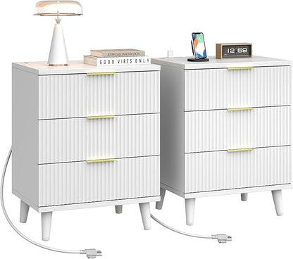 Fluted White Night Stand Set of 2 with USB Charging Station, 3-Drawer Dresser Wood Modern Bedside Table with Quiet Drawers & Large Storage End Table for Bedroom