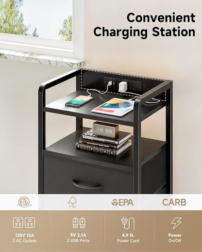 Night Stand Bedside Charger Bedroom - Nightstand with Charging Station & LED Light Strip, Night Stand with Storage Shelf & 2 Fabric Drawers, Morden End Table with U-S-B Ports & AC Outlets