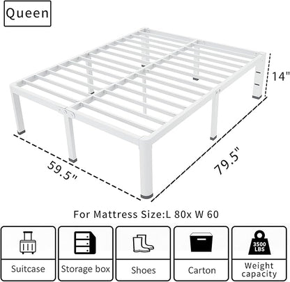ROIL 14 Inch White Queen Bed Frame with Rounded Corner and Headboard Hole Mattress Retainers 3500LBS Heavy Duty Steel Slats No Box Spring Needed Platform Noise-Free Easy Assembly